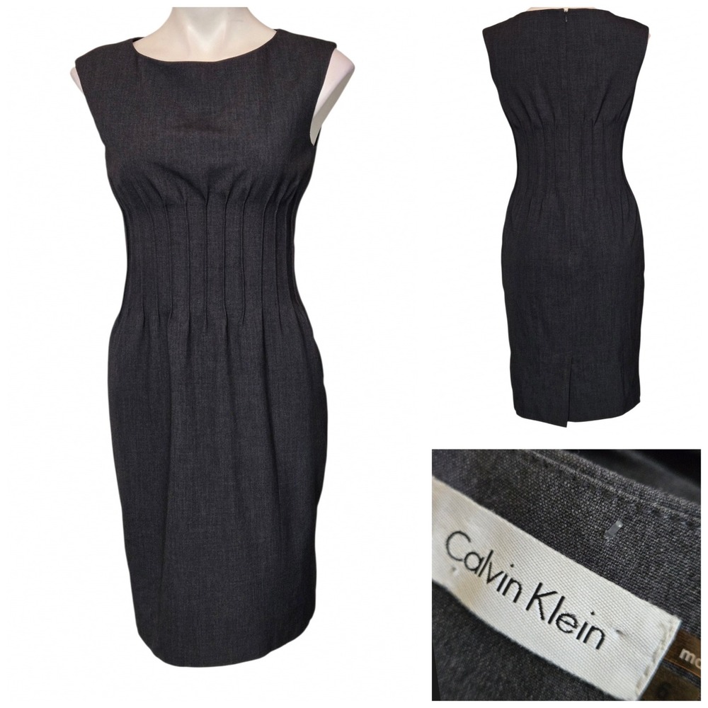 Calvin Klein Grey Pin Tuck Pleated Waist Sheath Dress Size 6 Sleeveless Office